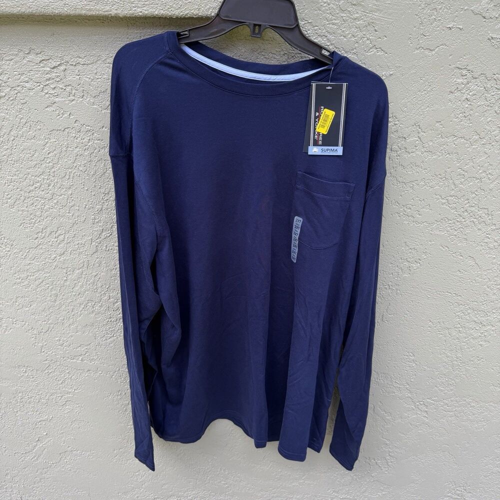 Roundtree & Yorke Supima Long Sleeve Shirt Navy 2XLT Pocket NWT 31x27
